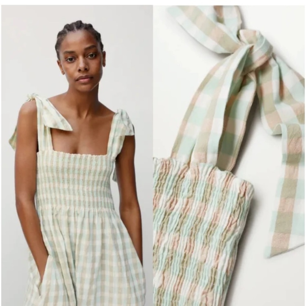 New: Mango MNG Smocked Gingham Check Midi Dress with Pockets. Size 4